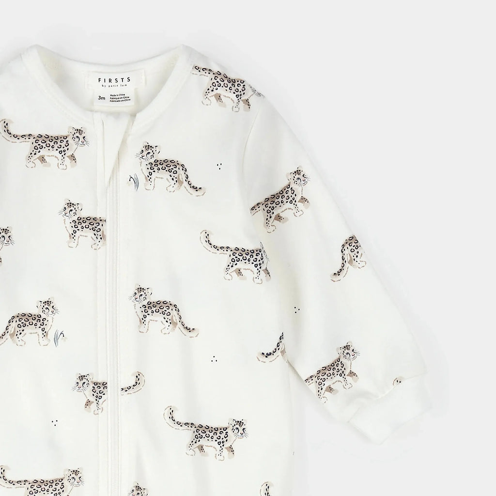 Petit Lem - Organic Cotton Zipper Footie - Snow Leopard-Footies + Rompers (Basic)-Newborn-Posh Baby