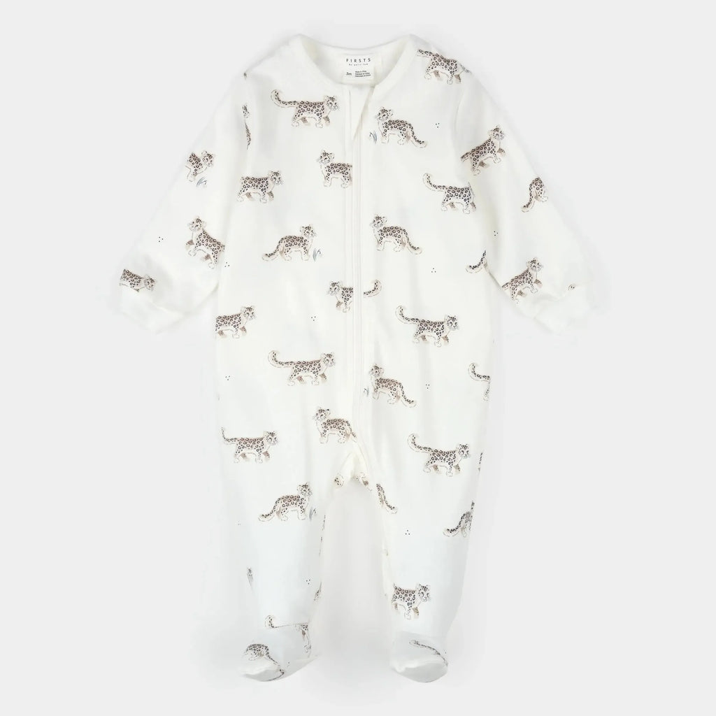 Petit Lem - Organic Cotton Zipper Footie - Snow Leopard-Footies + Rompers (Basic)-Newborn-Posh Baby
