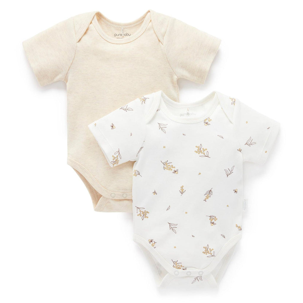 Purebaby - Organic Short Sleeve Bodysuit (2-Pack) - Wheat-Onesies-Newborn-Posh Baby