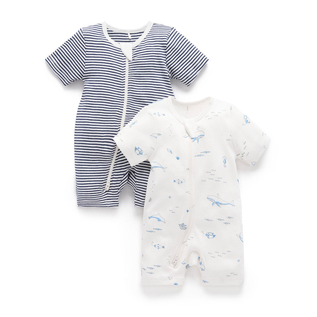 Purebaby - Organic Shortie Romper (2-Pack) - Nautical-Footies + Rompers (Basic)-Newborn-Posh Baby