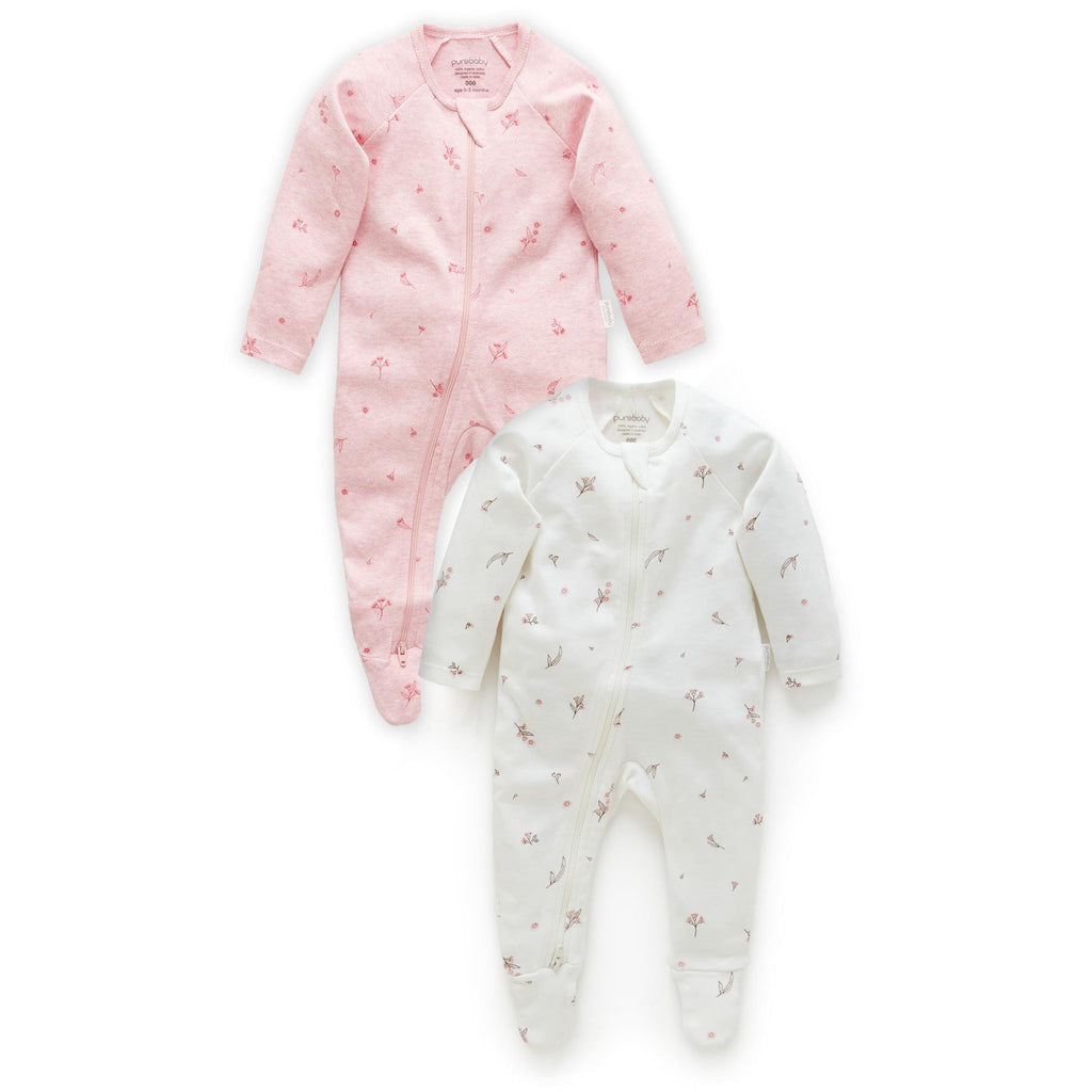 Purebaby - Organic Zipper Footie (2-Pack) - Pink Blossom-Footies + Rompers (Basic)-Newborn-Posh Baby