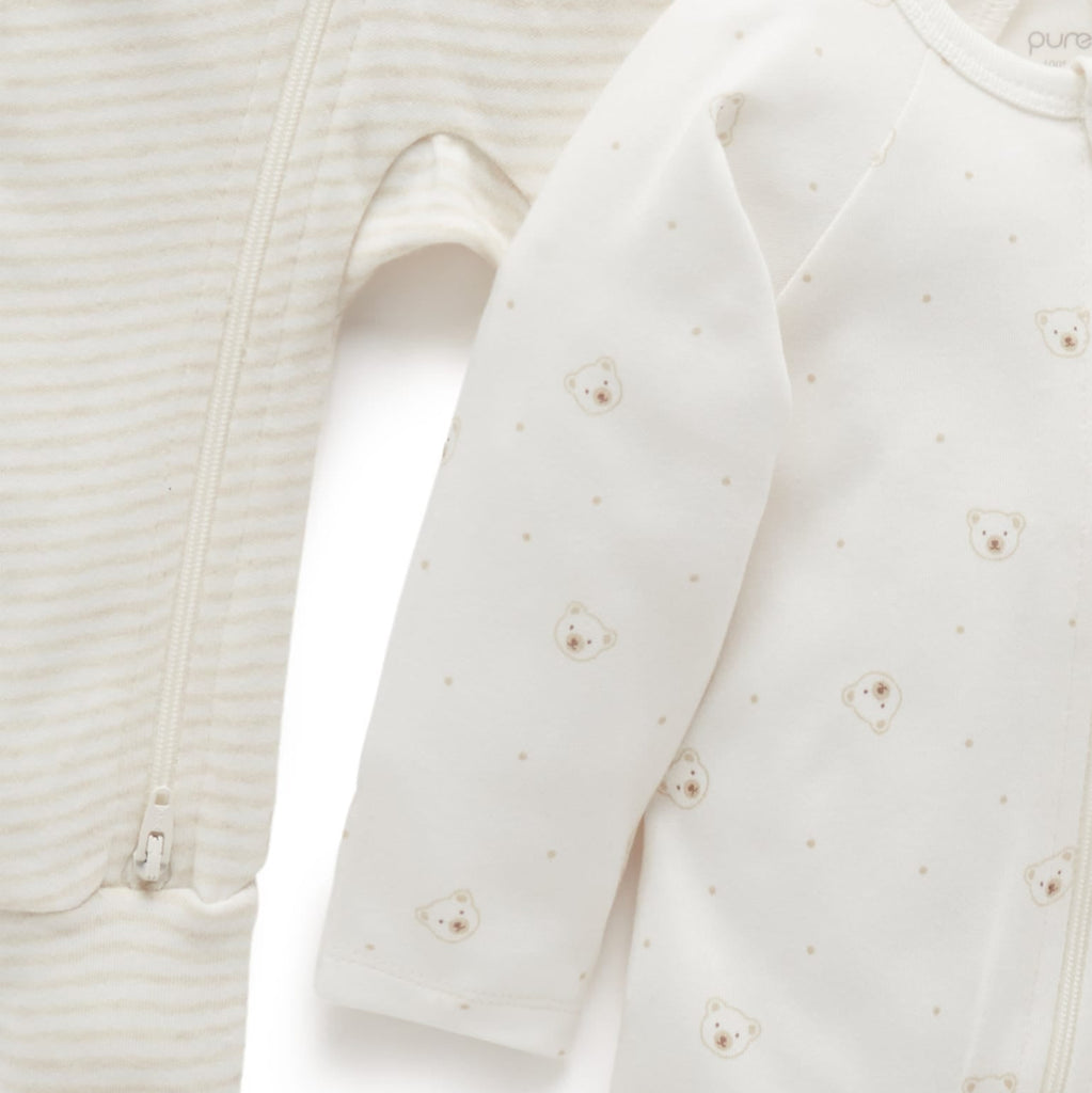 Purebaby - Organic Zipper Footie (2-Pack) - Vanilla Bear-Footies + Rompers (Basic)-Newborn-Posh Baby