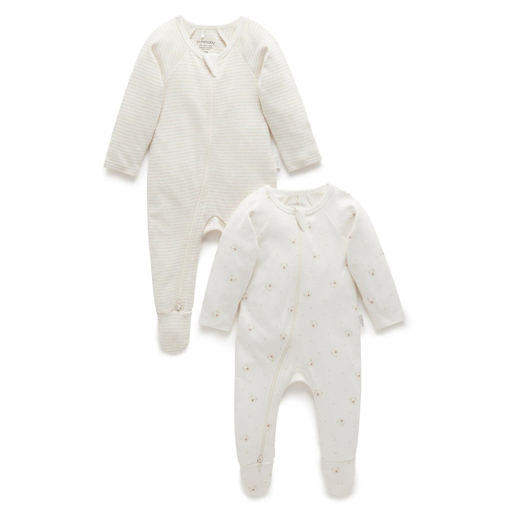 Purebaby - Organic Zipper Footie (2-Pack) - Vanilla Bear-Footies + Rompers (Basic)-Newborn-Posh Baby