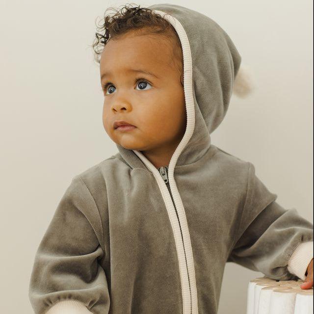 Quincy Mae - Cotton Velour Hooded Jumpsuit - Forest-Footies + Rompers (Fashion)-0-3M-Posh Baby