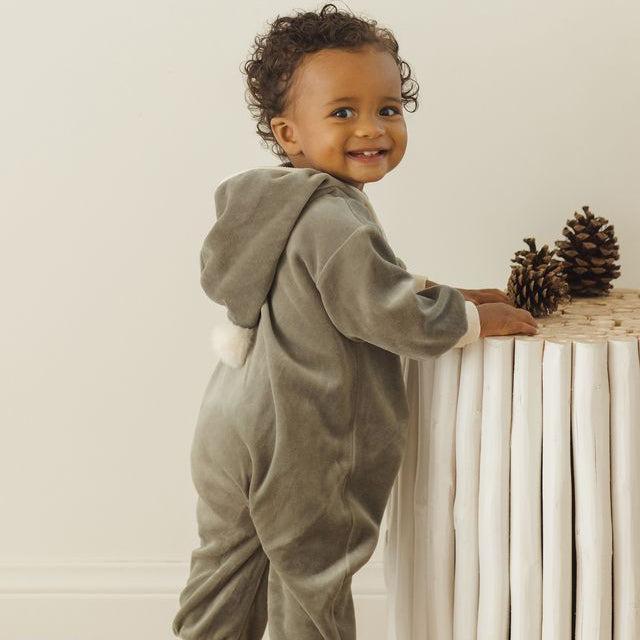 Quincy Mae - Cotton Velour Hooded Jumpsuit - Forest-Footies + Rompers (Fashion)-0-3M-Posh Baby