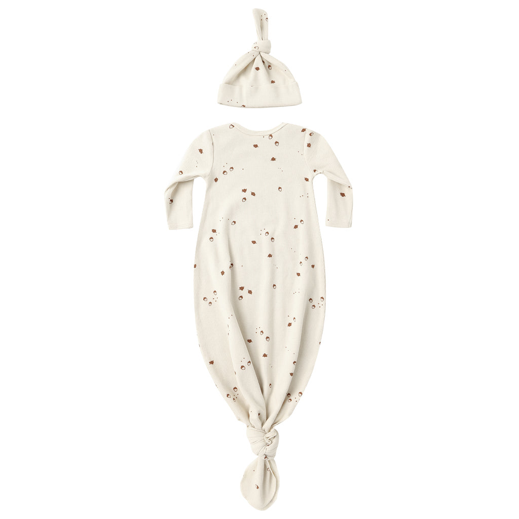 Quincy Mae - Organic Knotted Gown + Hat Set - Acorns-Infant Gowns-One Size-Posh Baby