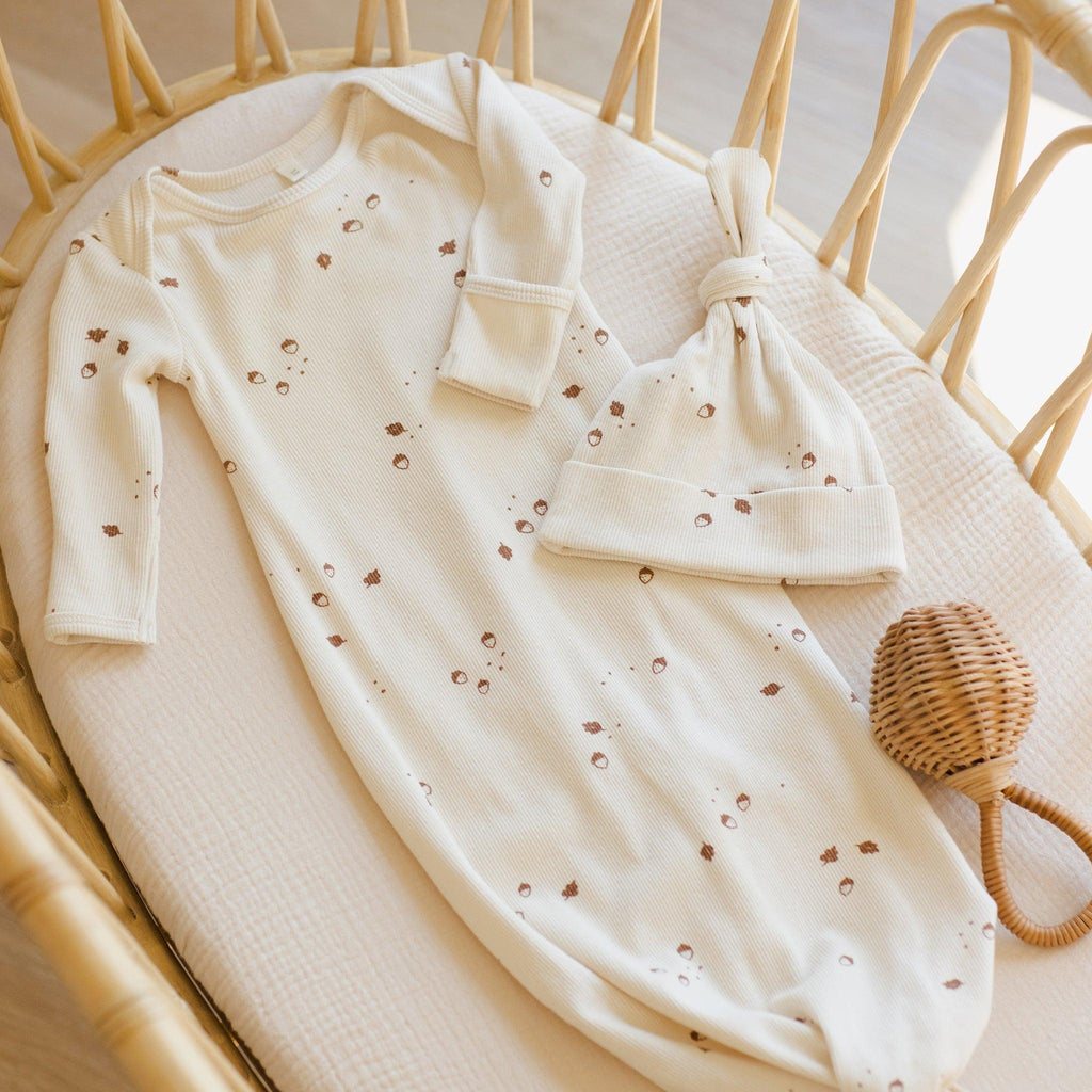 Quincy Mae - Organic Knotted Gown + Hat Set - Acorns-Infant Gowns-One Size-Posh Baby