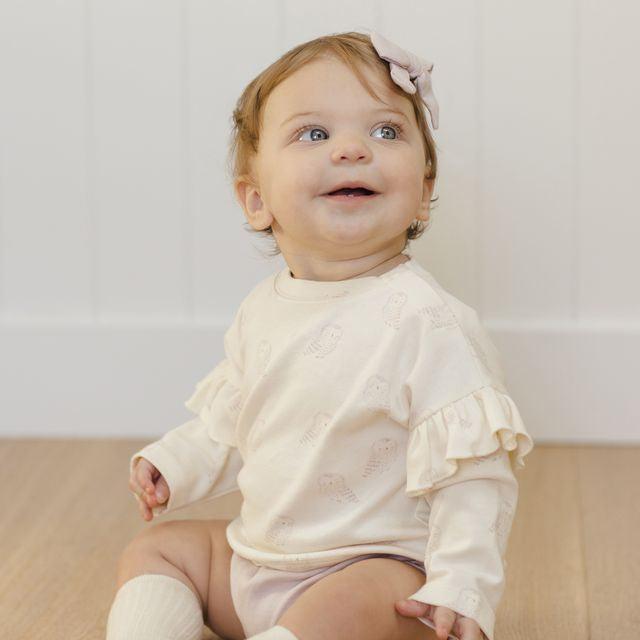 Quincy Mae - Organic Long Sleeve Ruffle Tee - Snow Owls-Long Sleeves-0-3M-Posh Baby