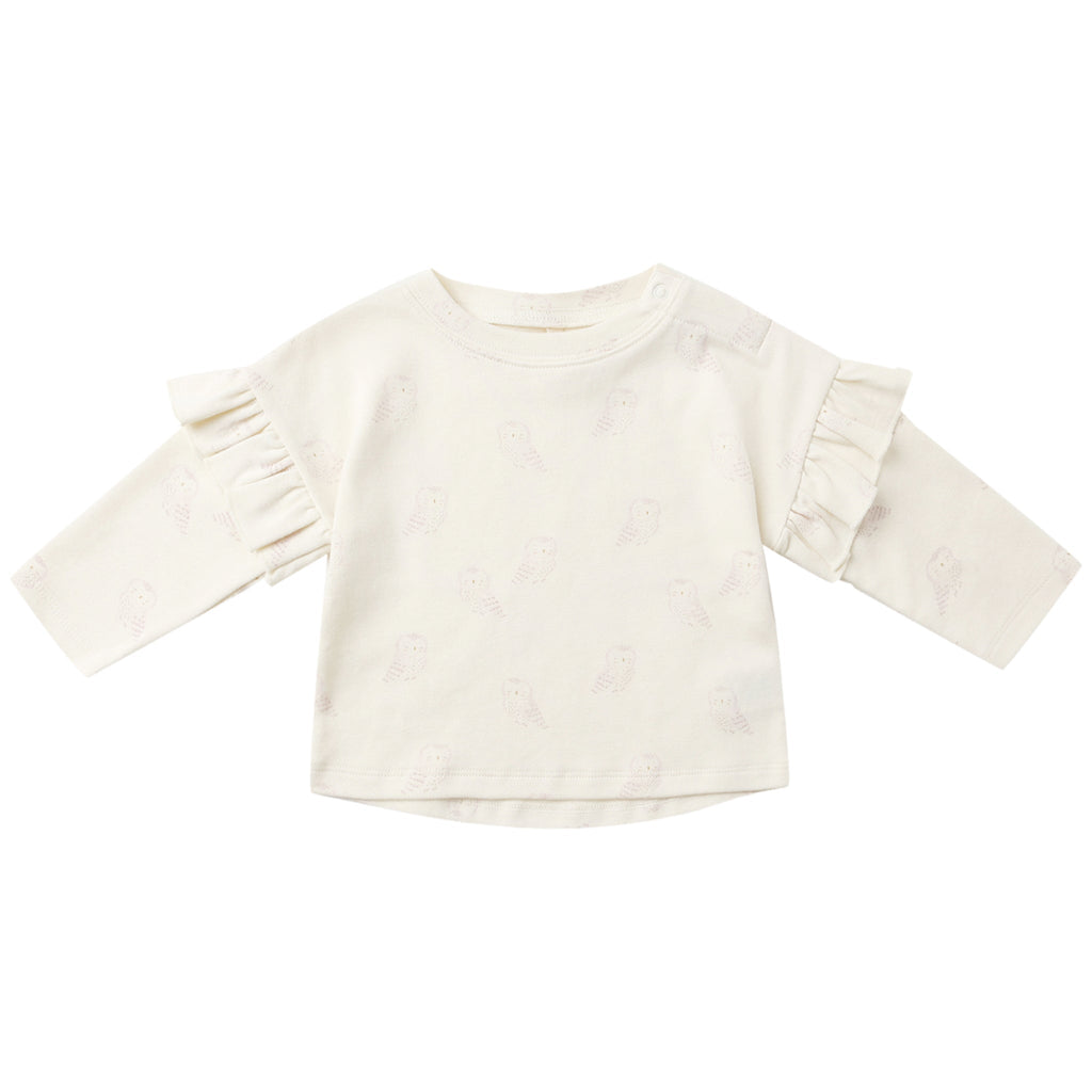 Quincy Mae - Organic Long Sleeve Ruffle Tee - Snow Owls-Long Sleeves-0-3M-Posh Baby