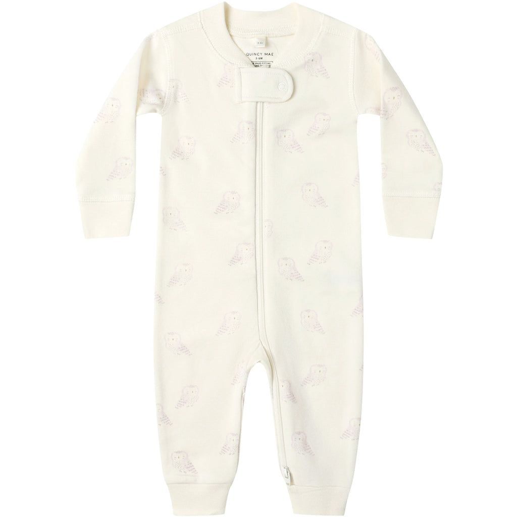 Quincy Mae - Organic Long Sleeve Zipper Romper - Snow Owls-Footies + Rompers (Basic)-0-3M-Posh Baby