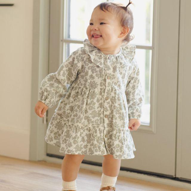 Quincy Mae - Organic Ruffle Collar Dress - Green Floral-Dresses-3-6M-Posh Baby