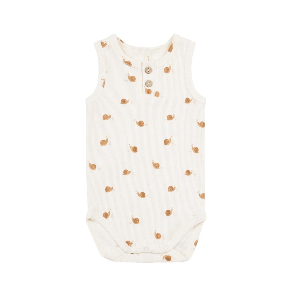 Quincy Mae - Organic Sleeveless Henley Bodysuit - Snails-Footies + Rompers (Fashion)-0-3M-Posh Baby