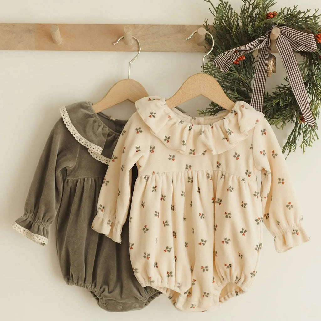 Quincy Mae - Organic Velour Bubble Romper - Holly Berry-Onesies-0-3M-Posh Baby