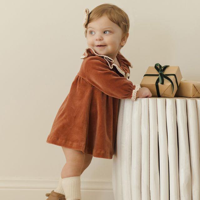 Quincy Mae - Organic Velour Ruffle Collar Dress - Cranberry-Dresses-0-3M-Posh Baby