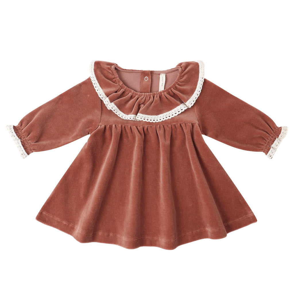 Quincy Mae - Organic Velour Ruffle Collar Dress - Cranberry-Dresses-0-3M-Posh Baby