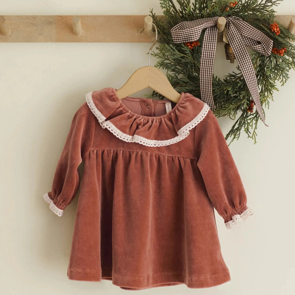 Quincy Mae - Organic Velour Ruffle Collar Dress - Cranberry-Dresses-0-3M-Posh Baby