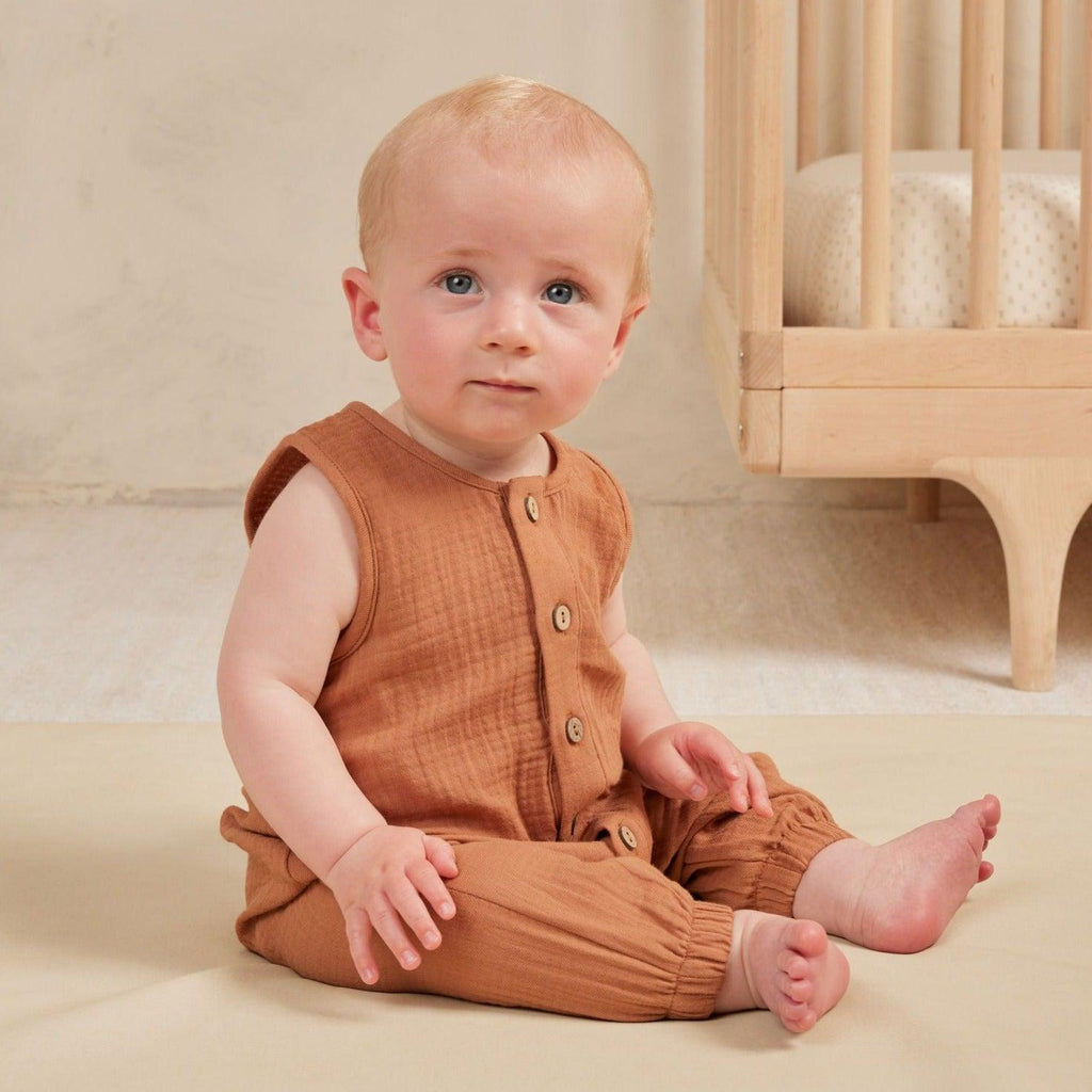 Quincy Mae - Organic Woven Jumpsuit - Clay-Footies + Rompers (Fashion)-0-3M-Posh Baby