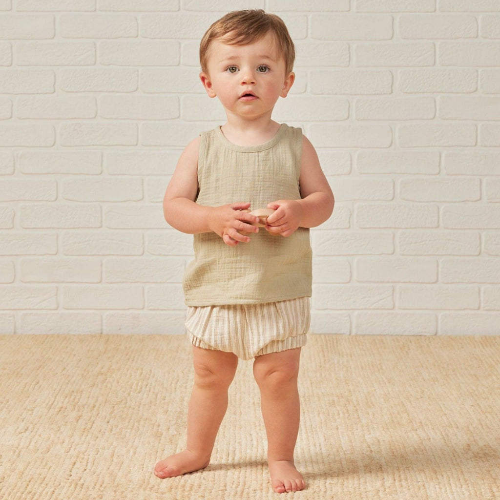 Quincy Mae - Organic Woven Tank + Shorts Set - Sage Stripe-Sets-0-3M-Posh Baby