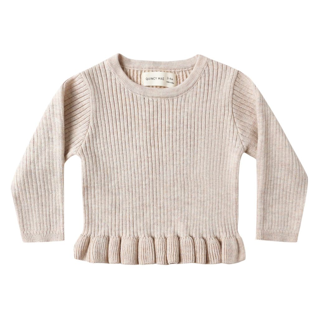 Quincy Mae - Ribbed Peplum Top + Legging Set - Heathered Oatmeal-Sets-0-3M-Posh Baby