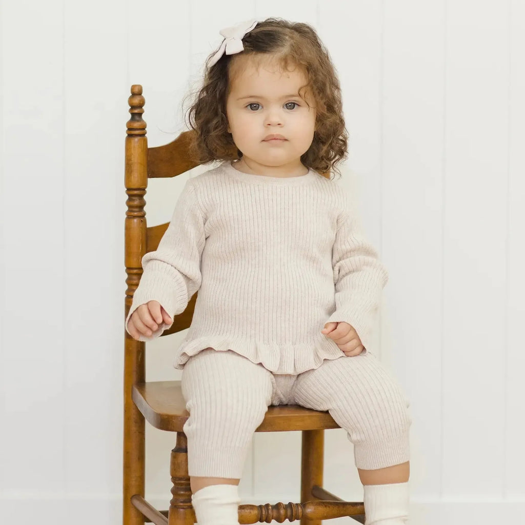 Quincy Mae - Ribbed Peplum Top + Legging Set - Heathered Oatmeal-Sets-0-3M-Posh Baby