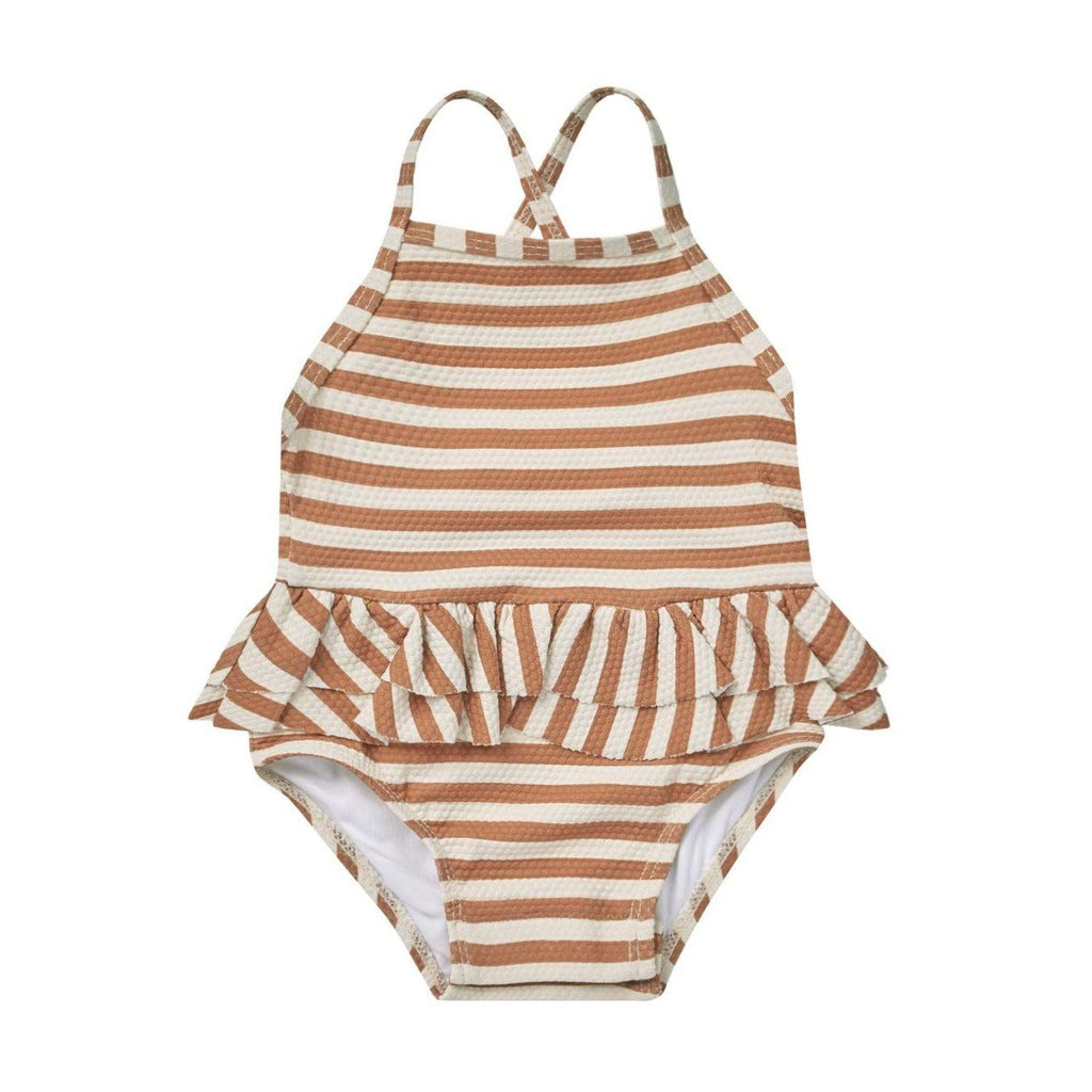 Quincy Mae - Ruffled One-Piece Swimsuit - Clay Stripe-Swim-0-3M-Posh Baby