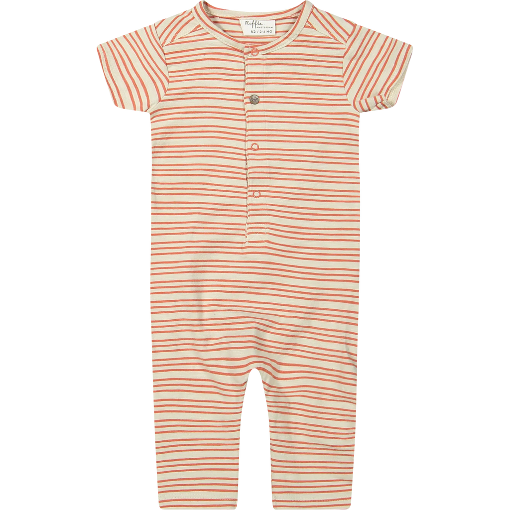 Riffle Amsterdam - Organic Short Sleeve Romper - Tangerine Stripe-Footies + Rompers (Fashion)-1-2M-Posh Baby