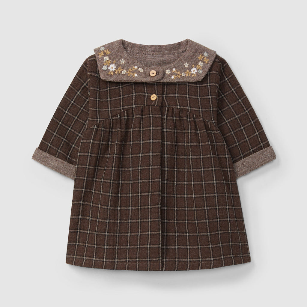 Snug - Organic Cotton Embroidery Plaid Dress - Cocoa-Dresses-3-6M (3M)-Posh Baby