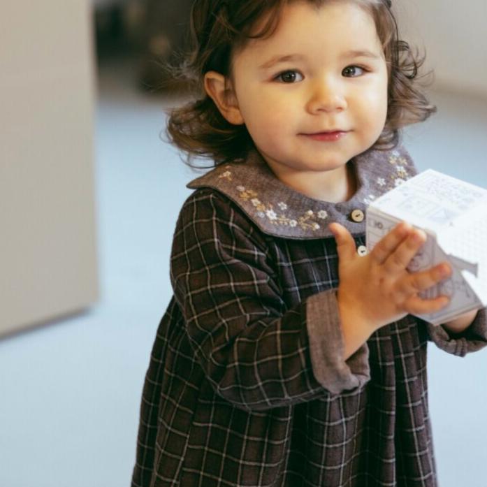 Snug - Organic Cotton Embroidery Plaid Dress - Cocoa-Dresses-3-6M (3M)-Posh Baby