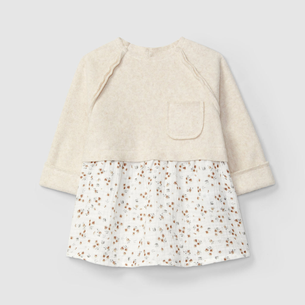 Snug - Organic Cotton Fleece Jersey + Muslin Dress - Floral-Dresses-3-6M (3M)-Posh Baby