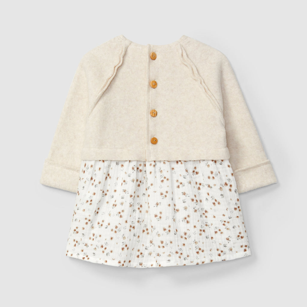 Snug - Organic Cotton Fleece Jersey + Muslin Dress - Floral-Dresses-3-6M (3M)-Posh Baby