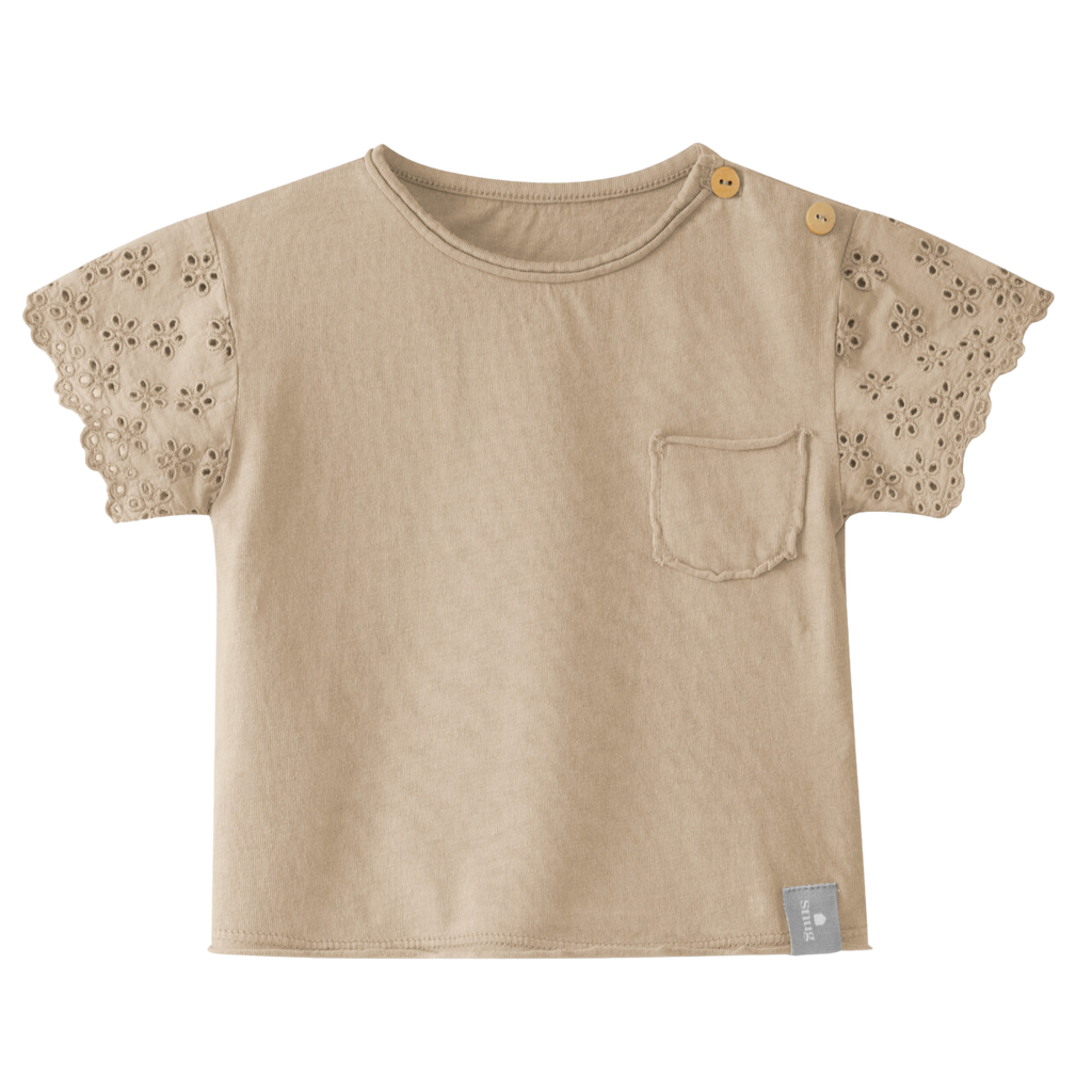 Snug (Portugal) - Embroidered Sleeve Tee - Taupe-Short Sleeves-0-3M-Posh Baby