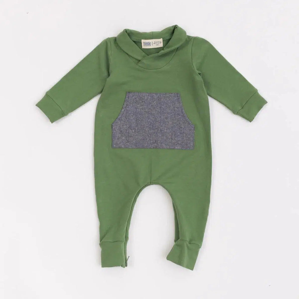 Thimble Collection - Handcrafted Bamboo Shawl Collar Romper - Grass-Footies + Rompers (Fashion)-3-6M-Posh Baby