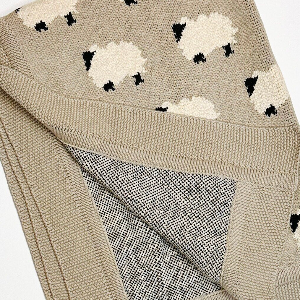 Viverano - Organic Cotton Jacquard Knit Blanket - Fuzzy Sheep-Quilts + Snuggle Blankets-Posh Baby